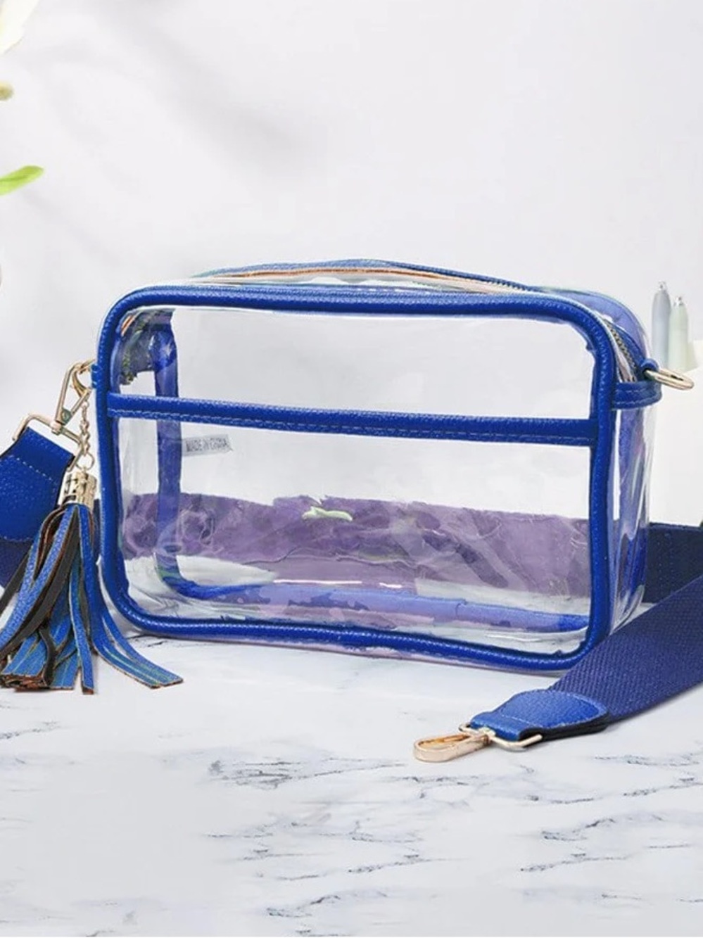 Clear Blue Crossbody Bag with Tassel Accent